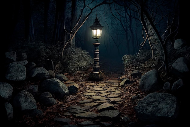 Split cobbled path in the middle of the forest at night, an old light pole