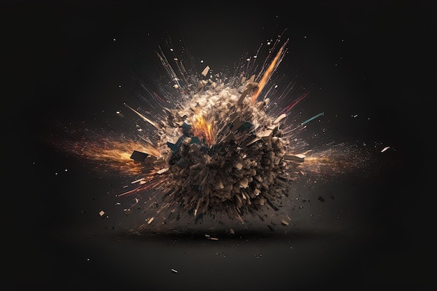 Split explosion debris against a dark background