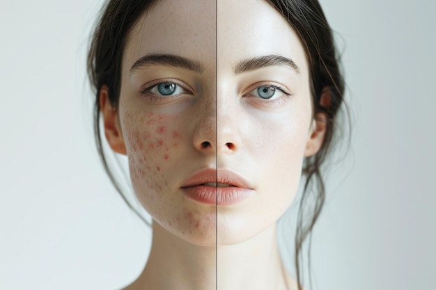 Photo split face closeup portrait of young caucasian woman before and after acne treatment