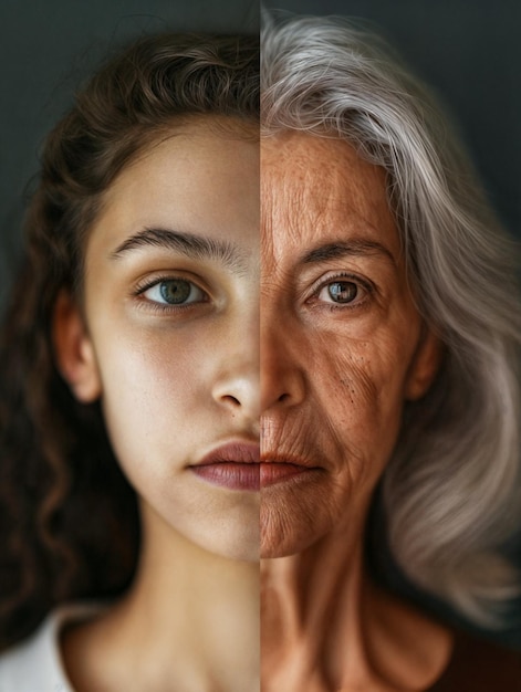 Split face the contrast between youth and age featuring a young woman and an old woman with similar facial features They are depicted side by side with their faces merged into one