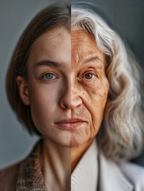 Photo split face the contrast between youth and age featuring a young woman and an old woman with similar facial features they are depicted side by side with their faces merged into one