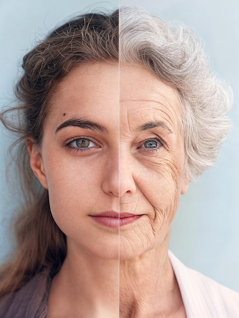 Photo split face the contrast between youth and age featuring a young woman and an old woman with similar facial features they are depicted side by side with their faces merged into one