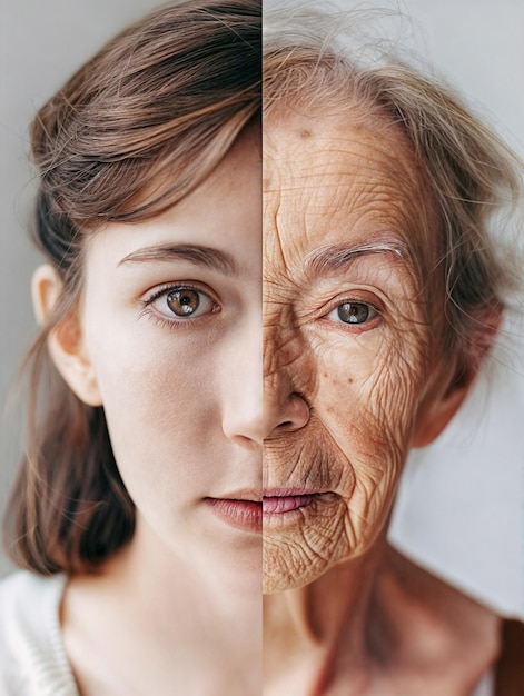 Split face the contrast between youth and age featuring a young woman and an old woman with similar facial features They are depicted side by side with their faces merged into one