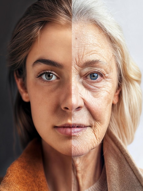 Split face A womans face showcasing her youthful and aging phases a young womans face next to an older womans face representing the passage of time