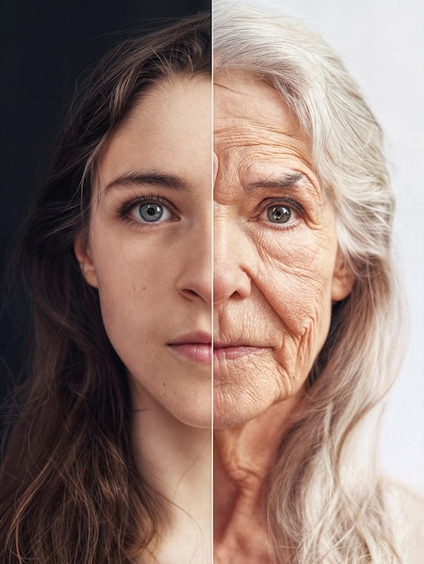 Photo split face a womans face showcasing her youthful and aging phases a young womans face next to an older womans face representing the passage of time