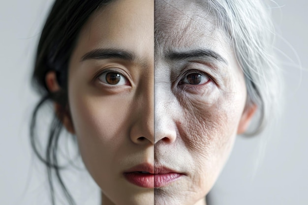 Split face of young and old Asian woman showing aging concept