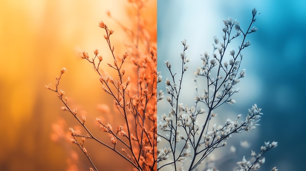 Photo a split image of a plant with a warm sunsetcolored background on the left and a cool teal background on the right the left side of the image shows the plant in warm fall colors whil