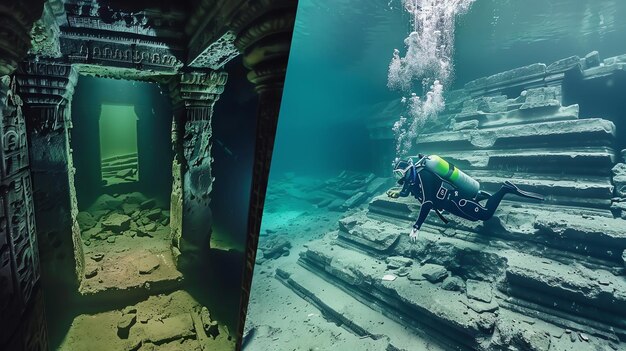 Photo a split image showing an underwater temple with a diver on one side and a similar temple above water on the other side