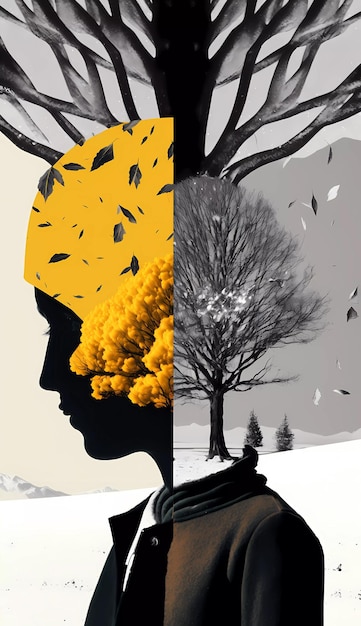 A split image of a woman's head with the words winter on the left side