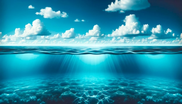 Split level underwater view with sky and clouds visible above water Nature background Dual perspective concept Generative AI