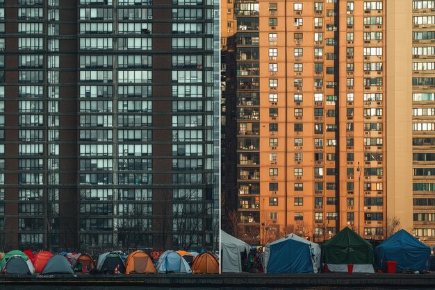 Photo a split scene of high rise apartment and tent city showcasing urban contrast