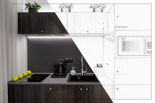 Split screen of drawing and photo of interior of modern kitchen in flat apartment from idea to implementation of the finished product