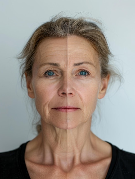 Split screen portrait of a woman with different skin types and makeup