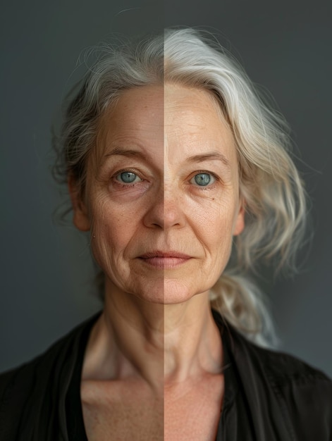 Split screen portrait of a woman with different skin types and makeup