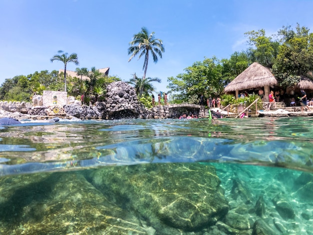 Split underwater view in snorkeling lagoon at xcaret park on the mayan riviera resort xcaret is a