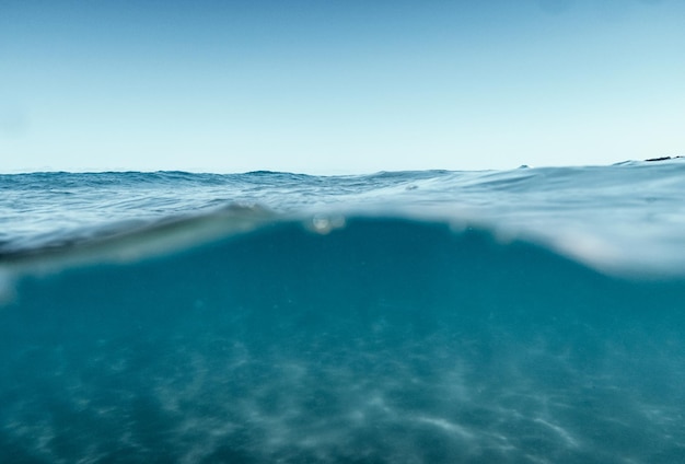 Split View Half Over and Under Ocean Surface whit Clear Sky Background Concept