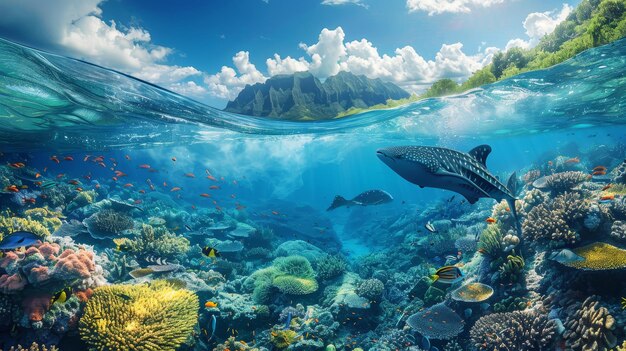 Split view of a serene underwater scene showcasing whale sharks swimming near a vibrant coral reef