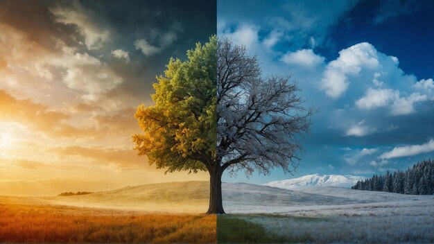 Photo split view of a tree showcasing summer and winter dual season nature background concept of change