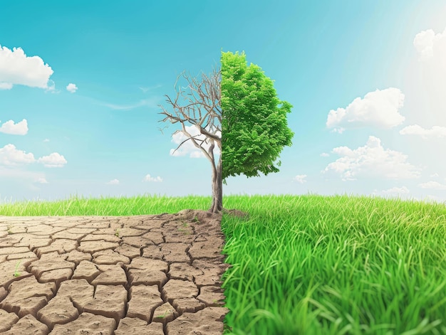 A splitscreen illustration showing the effects of climate change with one side depicting dry cracked