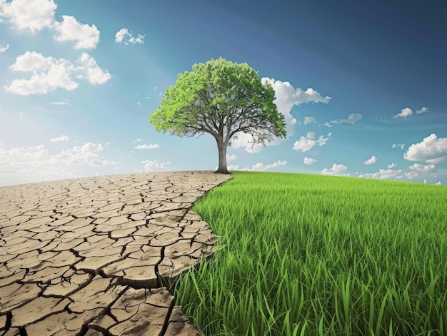 A splitscreen illustration showing the effects of climate change with one side depicting dry cracked