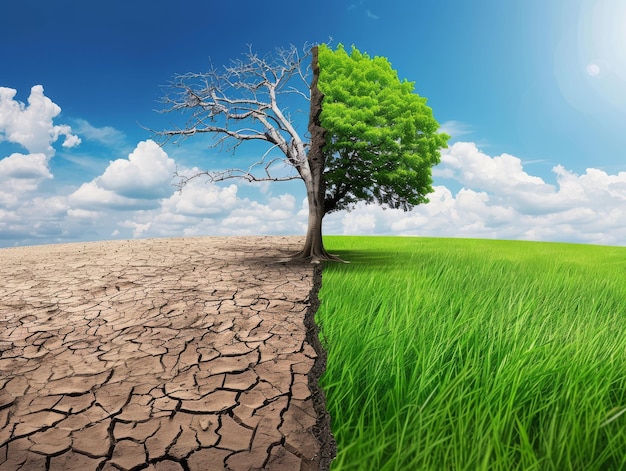 A splitscreen illustration showing the effects of climate change with one side depicting dry cracked