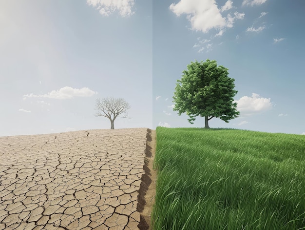 A splitscreen illustration showing the effects of climate change with one side depicting dry cracked