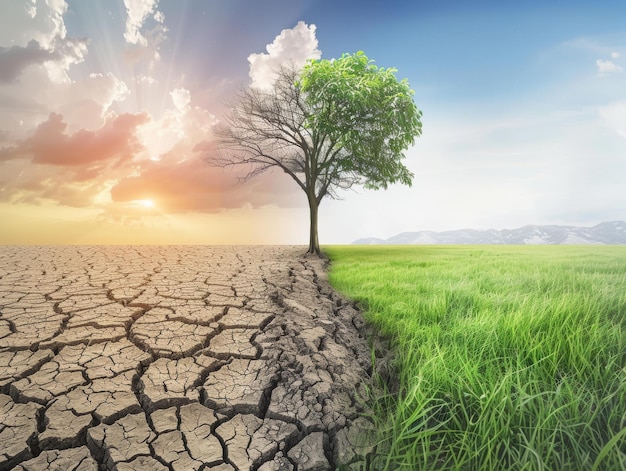 A splitscreen illustration showing the effects of climate change with one side depicting dry cracked