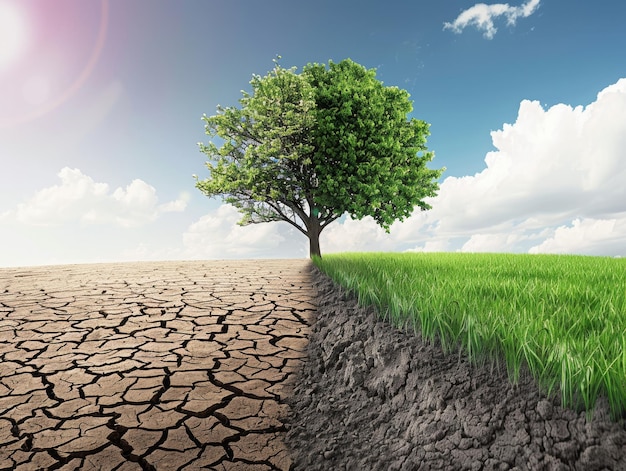 A splitscreen illustration showing the effects of climate change with one side depicting dry cracked