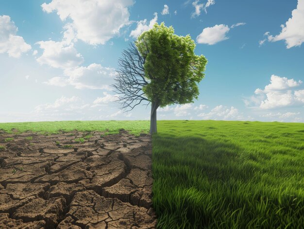 A splitscreen illustration showing the effects of climate change with one side depicting dry cracked