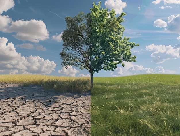 Photo splitscreen illustration showing the effects of climate change with one side depicting dry