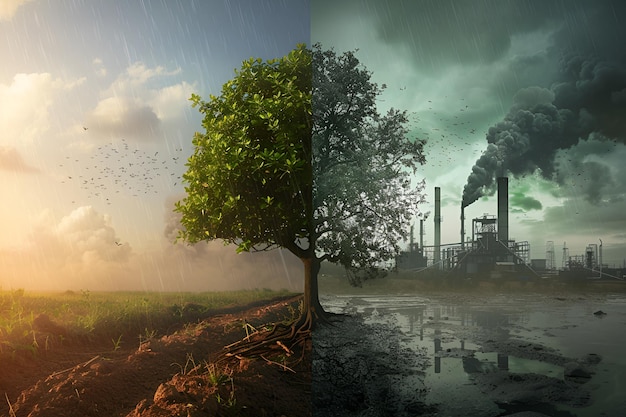 Photo splitscreen image highlighting environmental issues green tree vs industrial pollution