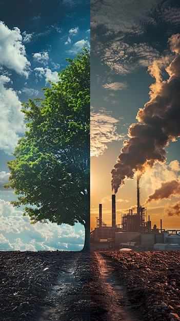 Photo splitscreen image highlighting environmental issues green tree vs industrial pollution