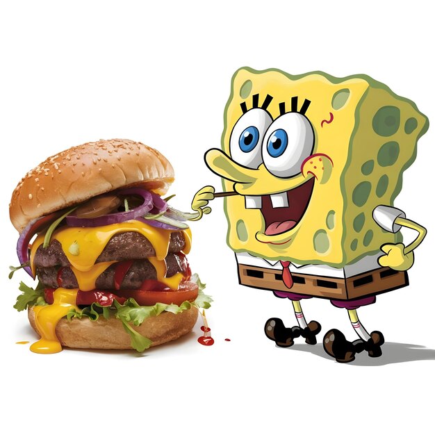 Photo spongbob square pants going to eat a mouthwatering burger