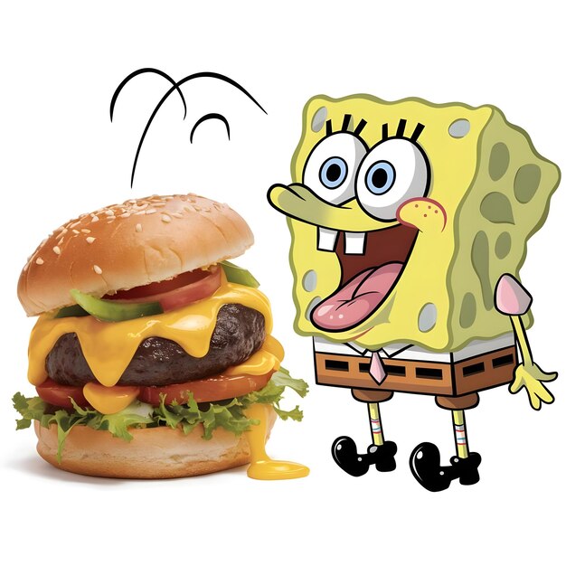 Photo spongbob square pants going to eat a mouthwatering burger