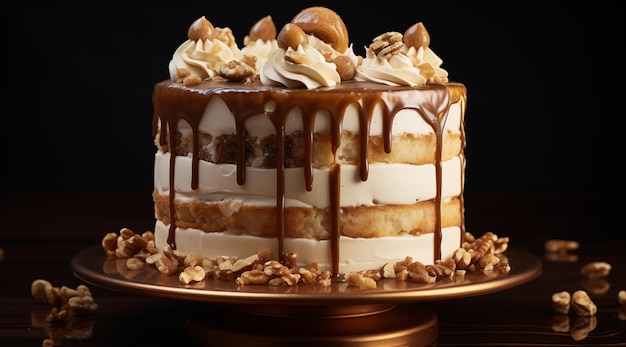 Sponge cake with milk cream caramel and nuts