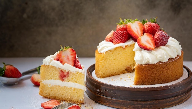 Sponge cake with strawberries and cream on top of it