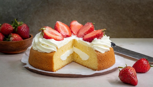 Sponge cake with strawberries and strawberries on a plate