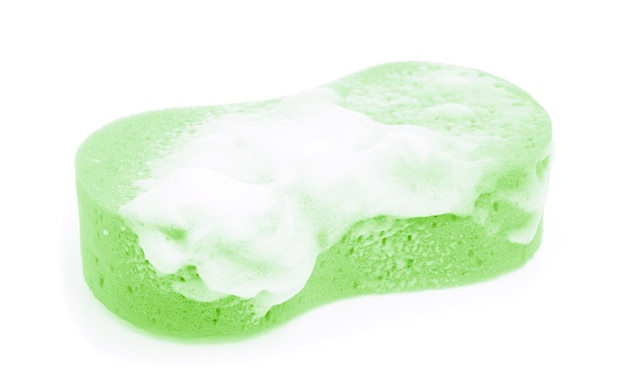 Photo sponge with foam soap sud isolated on white background