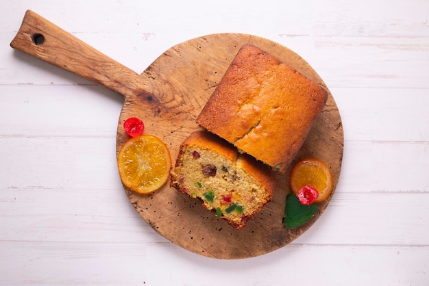 Spongecake with colored candied fruit.