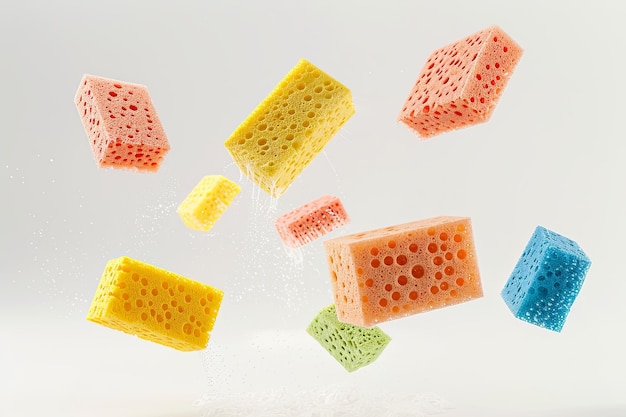 sponges for washing in flight on a white background levitation