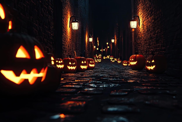 Photo a spooktacular scene jackolanterns illuminate the dark alley evoking eerie atmosphere on halloween night