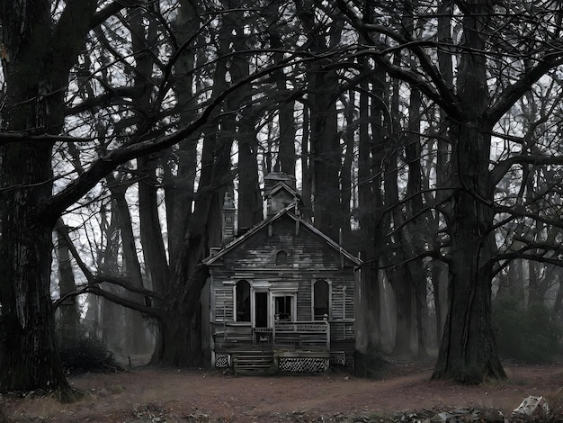 Photo spooky abandoned house in a foggy forest haunted cottage in a misty woodland eerie abandoned building surrounded by foggy trees ai generative