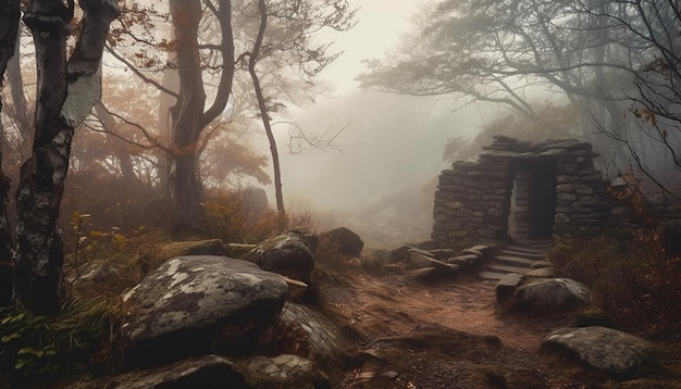 Spooky autumn footpath winds through ancient forest generated by AI