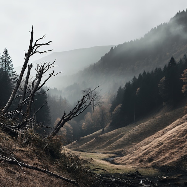 Spooky autumn mountains covered in fog creating a mysterious and eerie atmosphere