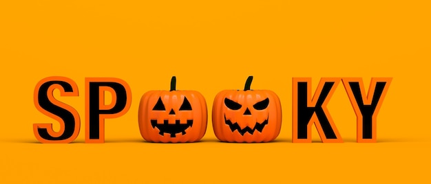 Spooky background Halloween pumpkins forming the word spooky 3d illustration Banner