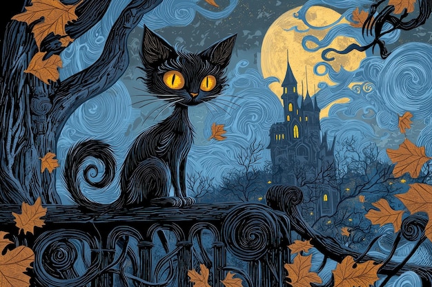 Photo spooky black cat on balcony under full moon and haunted castle