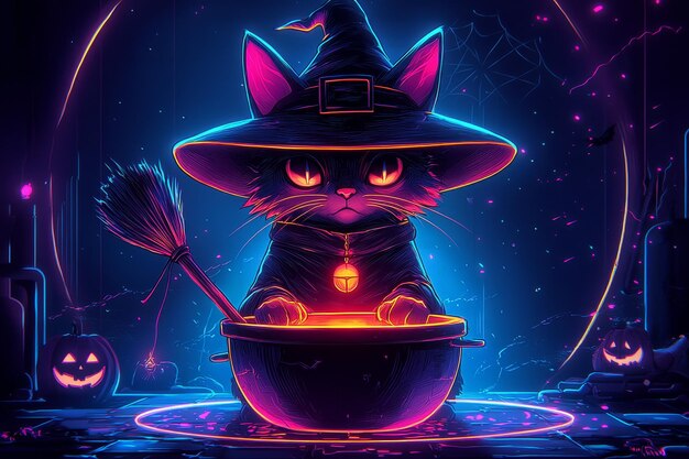 Photo spooky black cat witch brewing potion in a cauldron