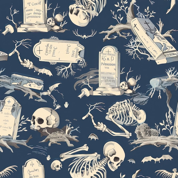 Spooky Blue and White Halloween Pattern With Skulls Skeletons and Tombstones