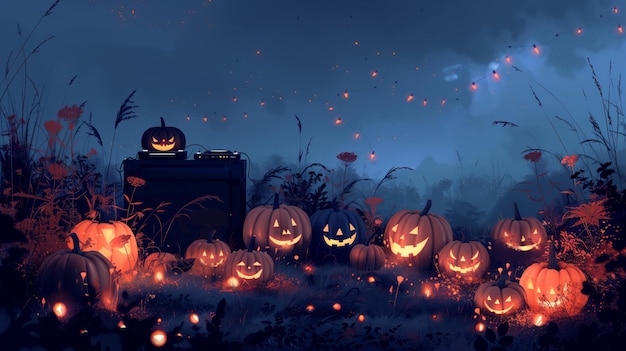 A Spooky Carved Pumpkin Glowing in a Festive Autumn Street During a Rainy Halloween Night