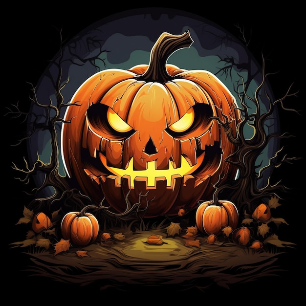 Spooky carved pumpkin with glowing eyes on a dark background